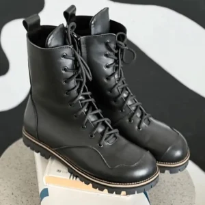 Winter Black Leather Boots Women Handmade Anatomical Lace