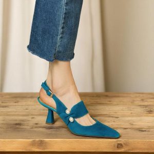 Women's Summer Suede Sandals Pointed Toe Pearl Heels