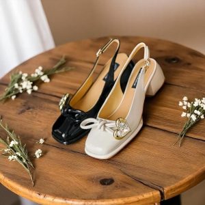 Patent Leather Heart Slingback Sandals: Chunky Heel Square